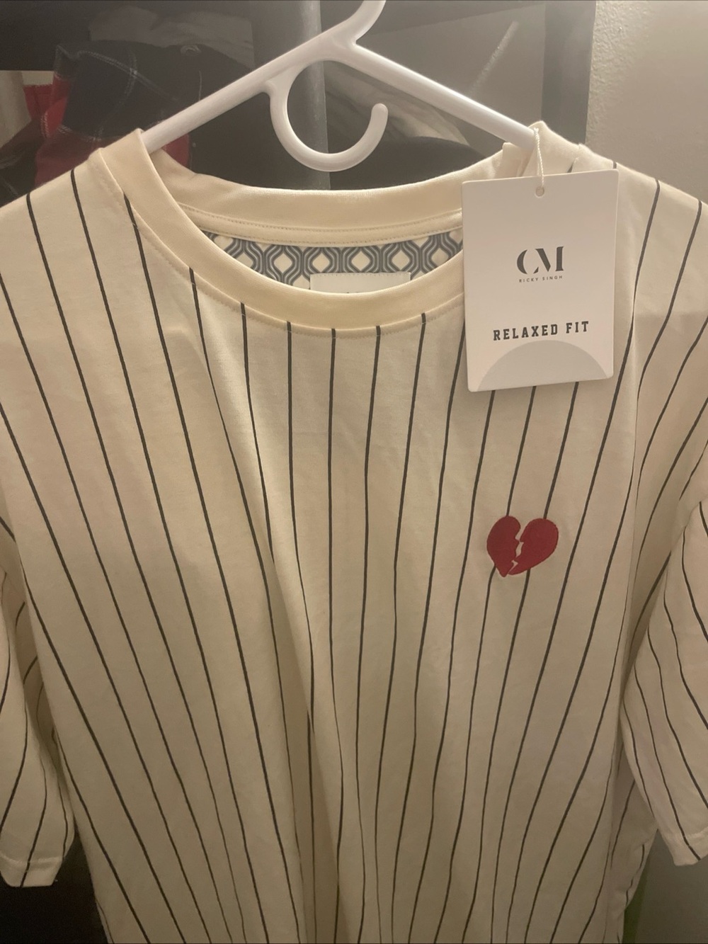 CM Relaxed Fit Cream Pinstripe Short Sleeve Tee with Red Heart Motif